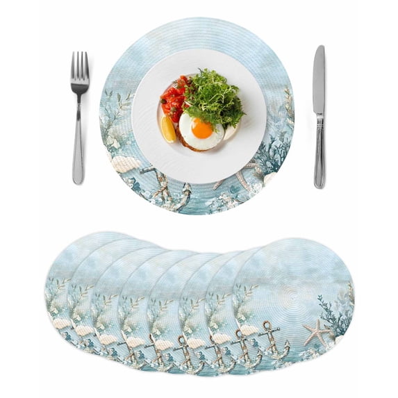 Blue Coastal Round Placemats Set of 8 for Dinning Tables,Heat-proof Braided Table Mats 15 Inch,Beach Nautical Anchor Starfish Botanical Washable Place Mat for Kitchen Restaurant Party Table Decor