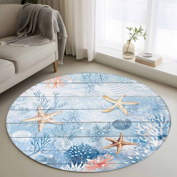 Blue Coastal Round Rug 3ft Washable Circle Entryway Rugs Non Slip Starfish Coral Summer Beach Nautical Area Rug Indoor Floor Carpet for Bedroom Kitchen Living Room Home Office Dining Room Nursery