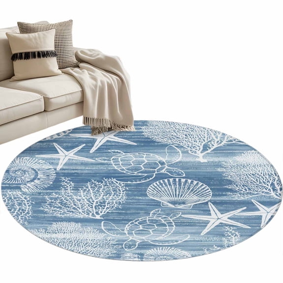 Blue Coastal Round Rug 4ft Washable Circle Entryway Rugs Non Slip Nautical Coral Starfish Shell Turtle Summer Area Rug Indoor Floor Carpet for Bedroom Kitchen Living Room Office Dining Room Nursery