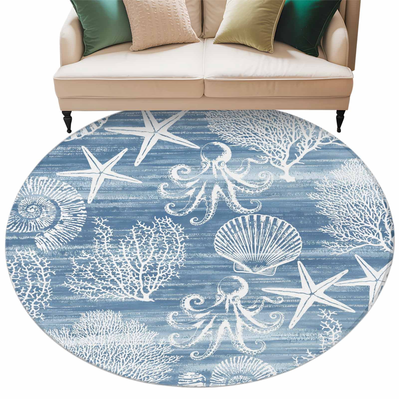 Varkala Shell Rug Blue Coastal Round Rug 5ft Washable Circle Kitchen Rugs Non Slip ...