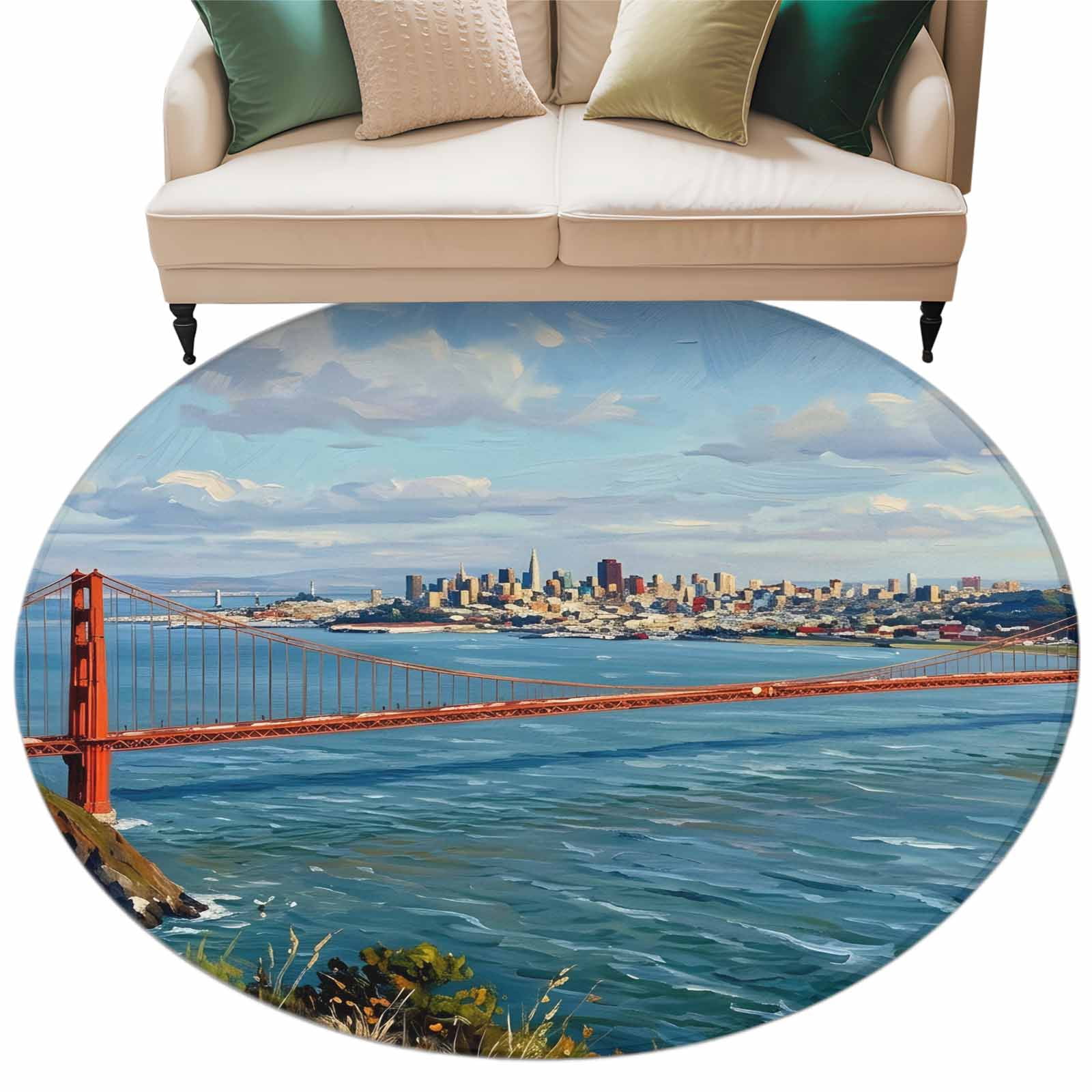 Blue Coastal Round Rug 6ft Washable Circle Kitchen Rugs Non Slip ...