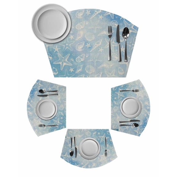 Blue Coastal Round Table Placemats Set of 2 Wedge Placemats, Summer Ocean Starfish Conch Seashells Place Mats for Dining Table Set Washable Mats Kitchen Decor for Indoor Outdoor Wipe Clean