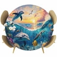 thumbnail image 1 of Blue Coastal Round Tablecloth 36-44 Inch Round Fitted Table Cloth with Elastic Edge, Dolphin Summer Beach Nautical Ocean Waterproof Table Cover Protector for Outdoor Picnic Party Dining, 1 of 6