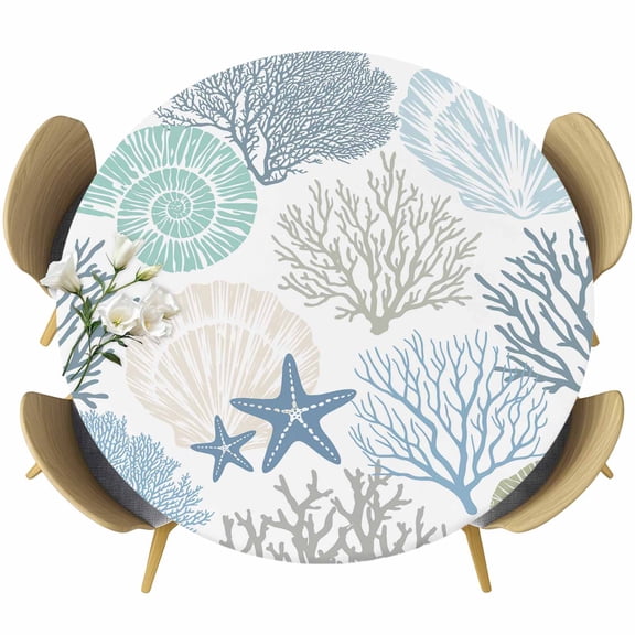 Blue Coastal Round Tablecloth 45-54 Inch Round Fitted Table Cloth with Elastic Edge, Summer Ocean Beach Starfish Shell Coral Waterproof Table Cover Protector for Outdoor Picnic Party Dining