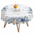 thumbnail image 1 of Blue Coastal Round Tablecloth 54 inches Seashell Starfish Conch Eucalyptus Leaf Board Waterproof Oil-Proof Table Cloth Round Table Cover for Holiday Party Picnic Dinner Decor Indoor and Outdoor Use, 1 of 9