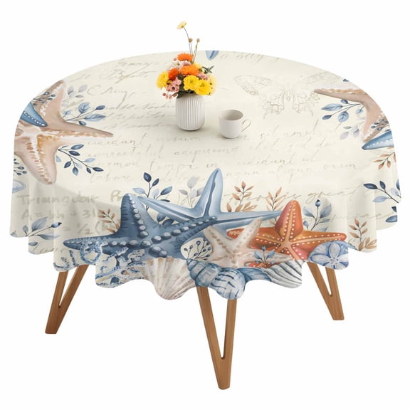 Blue Coastal Round Tablecloth 60 inches Retro Summer Beach Starfish Shell Nautical Waterproof Oil-Proof Table Cloth Round Table Cover for Holiday Party Picnic Dinner Decor Indoor and Outdoor Use