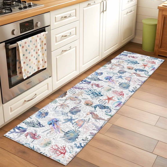 Blue Coastal Runner Rug 2x6 FT, Non Slip Hallway Carpet, Summer Coral Shell Sea Beach Nautical Washable Soft Floor Carpet Throw Runner Carpet Long Rug for Entryway Kitchen Bedside Sliding Door