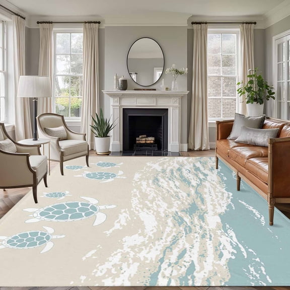 Blue Coastal Sea Turtle Area Rug 5x8 Washable Rug Non Slip Summer Beach Ocean Abstract Art Large Area Rug Soft Stainresistant Indoor Floor Carpet for Living Room Bedroom Home Office Dining Room