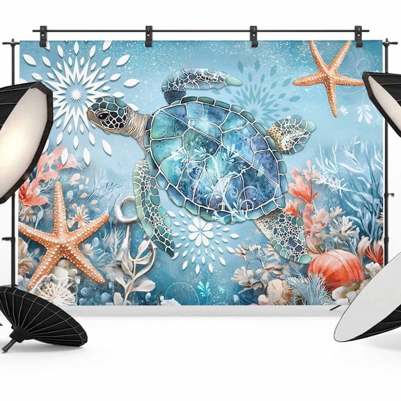 Blue Coastal Sea Turtle Backdrop for Photoshoot,Photography Photo Studio Background Wall Backdrop,Summer Beach Starfish Botanical Back Drop Banner Panel for Portraits Wedding Live Streaming 8x6Ft