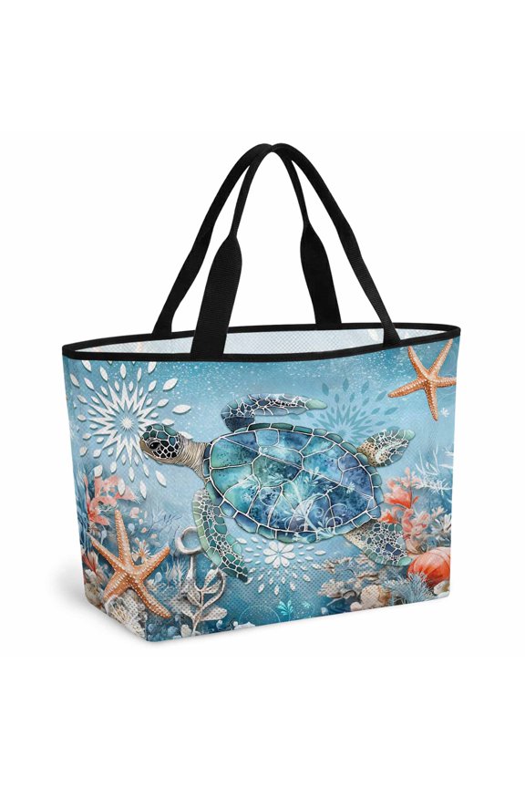 Blue Coastal Sea Turtle Beach Bag for Women, Large Breathable Mesh Beach Tote Bag, Summer Beach Starfish Botanical Sandproof Lightweight Travel Bags for Vacation Picnic Swimming Pool 15.7"x15.7"x9.1"