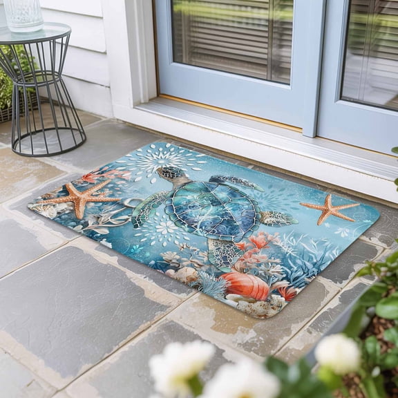 Blue Coastal Sea Turtle Door Mat Indoor Outdoor,Summer Beach Starfish Botanical Non Slip Welcome Mat with Rubber Backing,Absorbent Fabric Front Door Mats Entryway Rug for Home Patio Entrance 16"x24"
