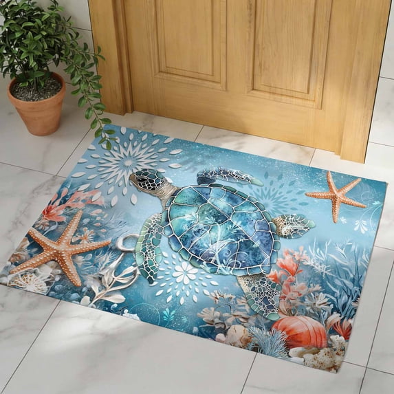 Turtle Rugs Runners Blue Coastal Sea Turtle Door Mat, Non Slip Bathroom Rugs, Summer Beach ...