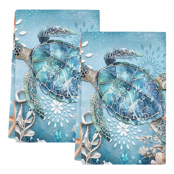 Blue Coastal Sea Turtle Kitchen Towels Set of 2, Absorbent Microfiber Dish Tea Towels with Hanging Loop, Summer Beach Starfish Botanical Resuable Hand Towel for Home Kitchen Cooking Cleaning 18"x28"