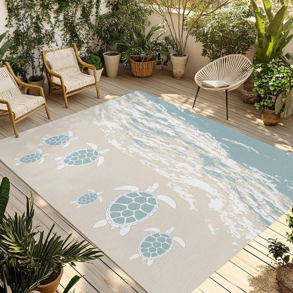 Blue Coastal Sea Turtle Outdoor Rug for Patio/Deck/Porch, Non-Slip Large Area Rug 6 x 9 Ft, Summer Beach Ocean Abstract Art Indoor Outdoor Rugs Washable Area Rugs, Camping Rug Carpet Runner