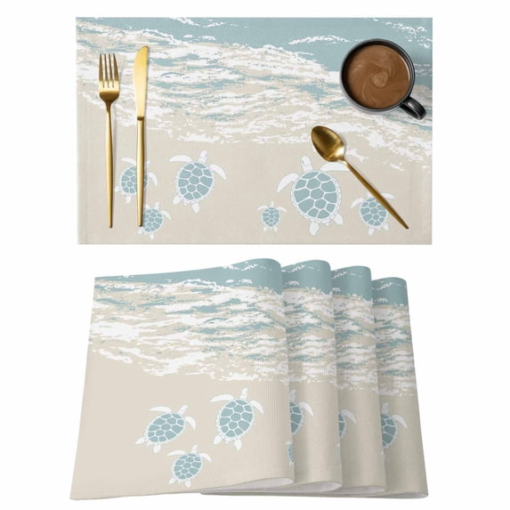 Blue Coastal Sea Turtle Placemats Set of 8, Summer Beach Ocean Abstract Art Placemats for Dining Table, Place Mats for Kitchen Tabletop, Waterproof Wipeable Dining Table Mats Set