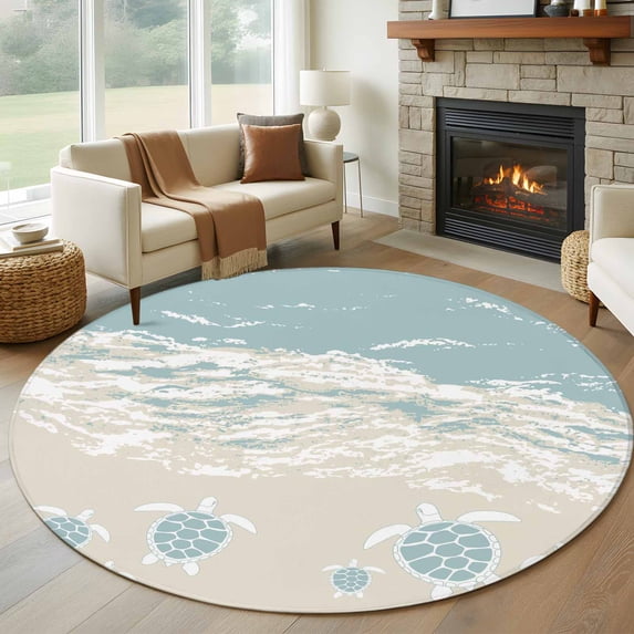 Blue Coastal Sea Turtle Round Area Rug 5Ft Washable Circle Rugs for Living Room Bedroom, Summer Beach Ocean Abstract Art Non-Slip Carpet Floor Mats Indoor Outdoor Carpet Runner Aesthetic Home Decor