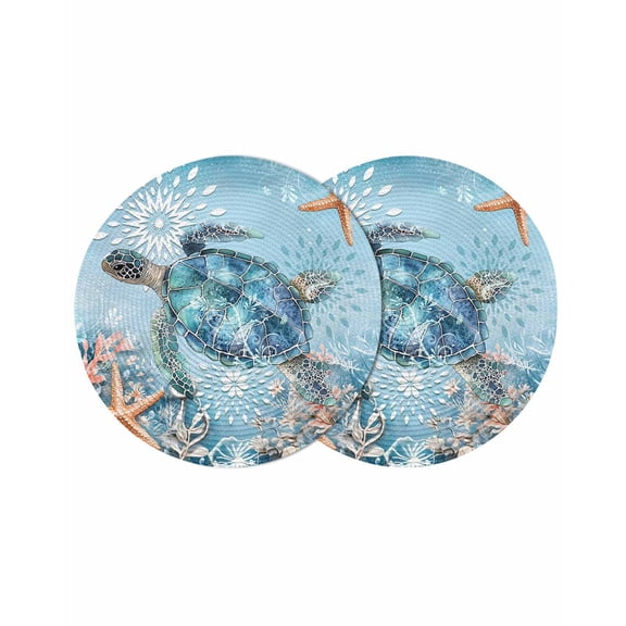 Blue Coastal Sea Turtle Round Placemats Set of 2, Braided Polypropylene Place Mats, Summer Beach Starfish Botanical Washable Table Mats for Kitchen Dinner Holiday Wedding Party Coffee Table Decor 15"