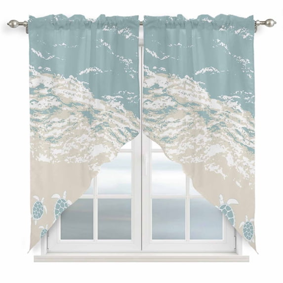 Blue Coastal Sea Turtle Swag Valances for Windows 2 Pack, Kitchen Window Curtains 36 Inch Length, Summer Beach Ocean Abstract Art Privacy Swag Curtains for Living Room/Bathroom 36"x36"