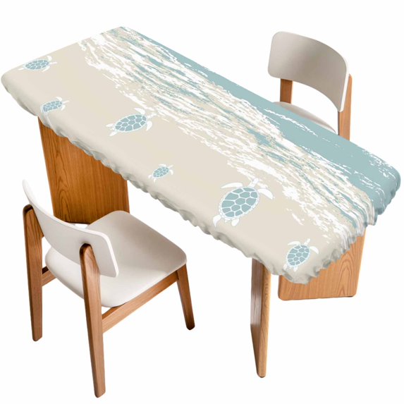 Blue Coastal Sea Turtle Table Cloths for 8 Foot Rectangle Tables, Summer Beach Ocean Abstract Art Patio Waterproof Elastic Fitted Tablecloths, Washable Rectangular Table Cover for Camping