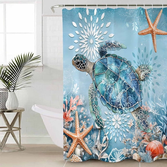 Blue Coastal Sea Turtle Waterproof Fabric Shower Curtain, Summer Beach Starfish Botanical Shower Curtain for Bathroom Curtains Bathtubs Hotel Washable Shower Curtains with 12 Hooks Long 72x78in