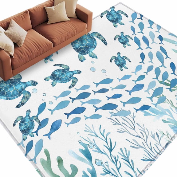 Blue Coastal Sea Turtles Area Rug 6x9 Washable Rug Non Slip Fish Coral Ocean Life Underwater Large Area Rug Soft Stainresistant Indoor Floor Carpet for Living Room Bedroom Office Dining Room Nursery