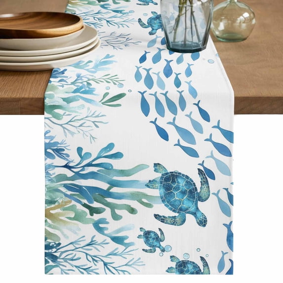 Blue Coastal Sea Turtles Table Runner 90 Inches, Fish Coral Ocean Life Underwater Bed Runner Dresser Scarves Tabletop for Indoor Outdoor Parties/Ceremony/Banquet, 13" x 90"