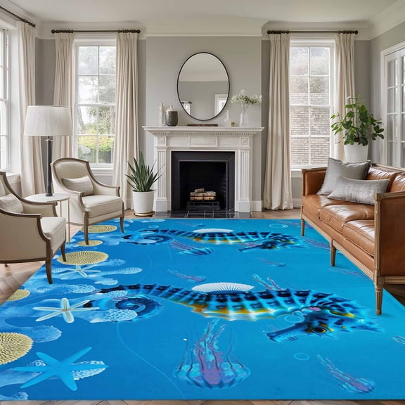Blue Coastal Seahorse Area Rugs 8'x10', Washable Small Throw Rugs for Living Room Patio, Nautical Coral Jellyfish Starfish Indoor Outdoor Rug Non-Slip Low Pile Carpet Runner Reversible Floor Mats