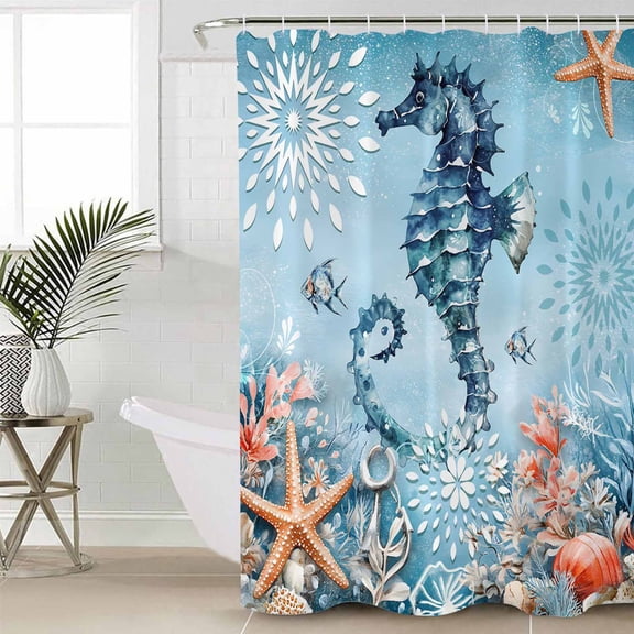 Blue Coastal Seahorse Bathroom Curtain 72 Inch Shower Curtain with Hooks, Summer Beach Starfish Botanical Waterproof Polyester Bath Curtain Washable Bathtub Curtain 48''x 72''