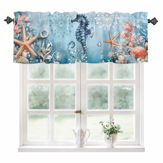 Blue Coastal Seahorse Kitchen Valances for Windows 60x18 Inch Kitchen Curtains Valances Rod Pocket Summer Beach Starfish Botanical Bathroom Window Valances for Window Treatment Decor