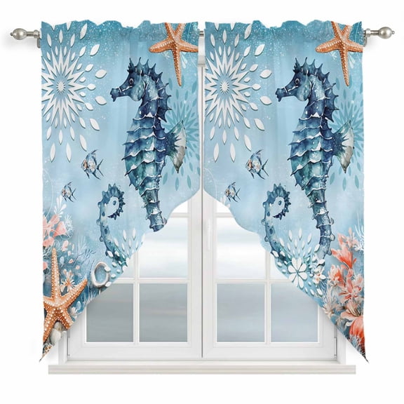 Blue Coastal Seahorse Kitchen Window Curtains, Swag Curtains Valance for Bedroom Living Room Bathroom, Summer Beach Starfish Botanical Rod Pocket Window Curtain Block Drapes 2 Panels 36"x45"