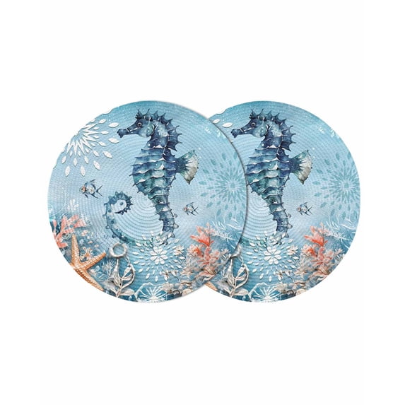 Blue Coastal Seahorse Round 15 Inch Placemats Set of 2, Summer Beach Starfish Botanical HeatResistant Non Slip Place Mats for Dining Table, Wipeable Braided Kitchen Table Mats for Housewarming