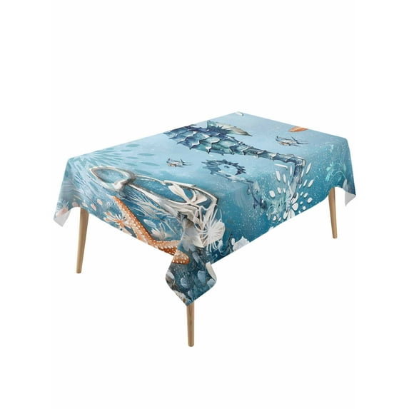 Blue Coastal Seahorse Table Cloth, Summer Beach Starfish Botanical Waterproof Tablecloth for Rectangle Tables, Reusable Washable Fabric Table Cover for Restaurant Kitchen Dining Tables 60"x120"