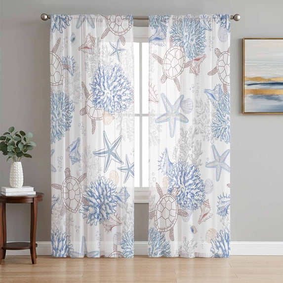 Blue Coastal Semi Sheer Curtains 96 Inch Length 2 Panels Set, Summer ...
