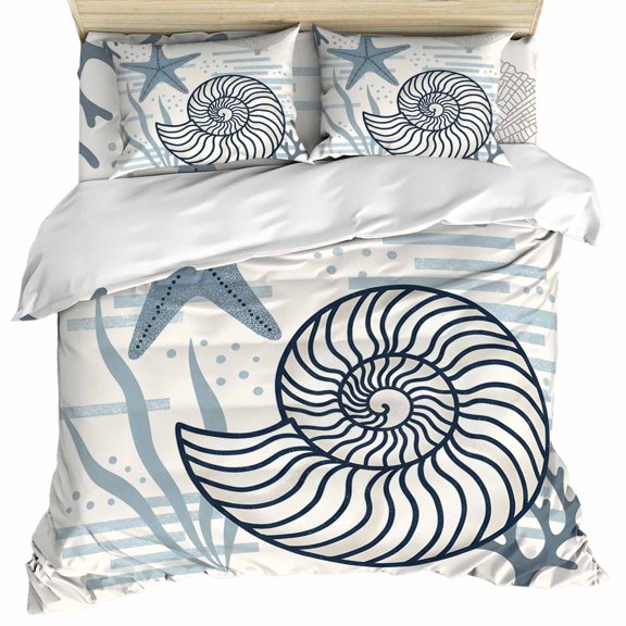 Blue Coastal Set of 4 Bedding Quilt Covers, Nautical Starfish Coral Summer Ocean 4-Piece Bed Sheet Set with Extra Soft Bed Sheets Quilt Cover Pillowcase, Queen