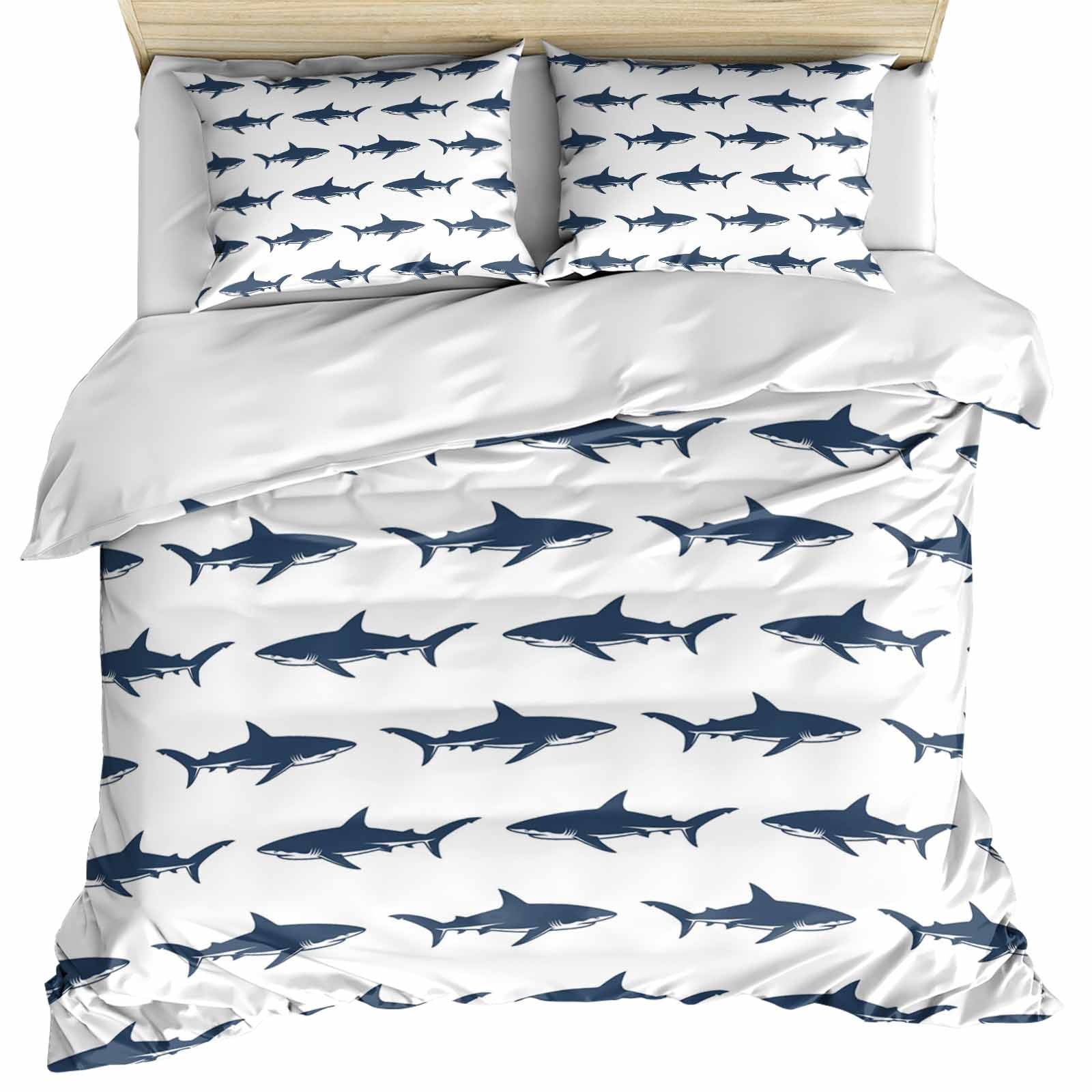 Blue Coastal Shark Bedding 3 Piece Duvet Cover Set Twin Size, Ocean Sea Nautical Soft Microfiber Comforter Cover with Zipper Closure & Pillowcases, Wrinkle & FadeResistant Quilt Cover