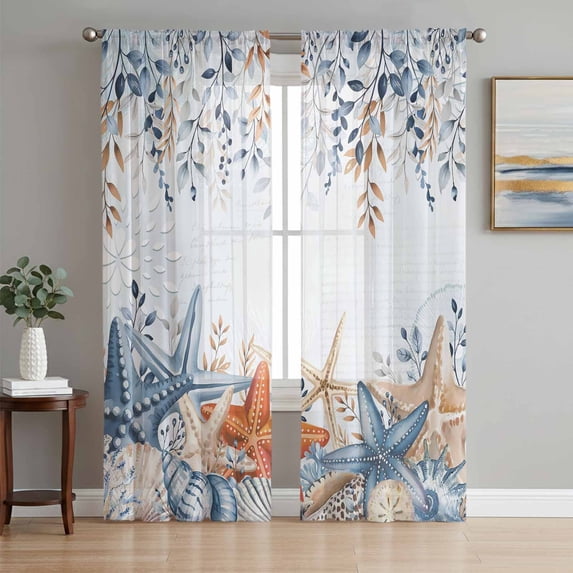 Blue Coastal Sheer Curtains 108 Inch Length 2 Panels Set Window Treatments, Summer Beach Starfish Weeping Eucalyptus Ombre Rod Pocket Semi Curtains for Living Room/Bedroom/Kitchen, 104"W x 108"L