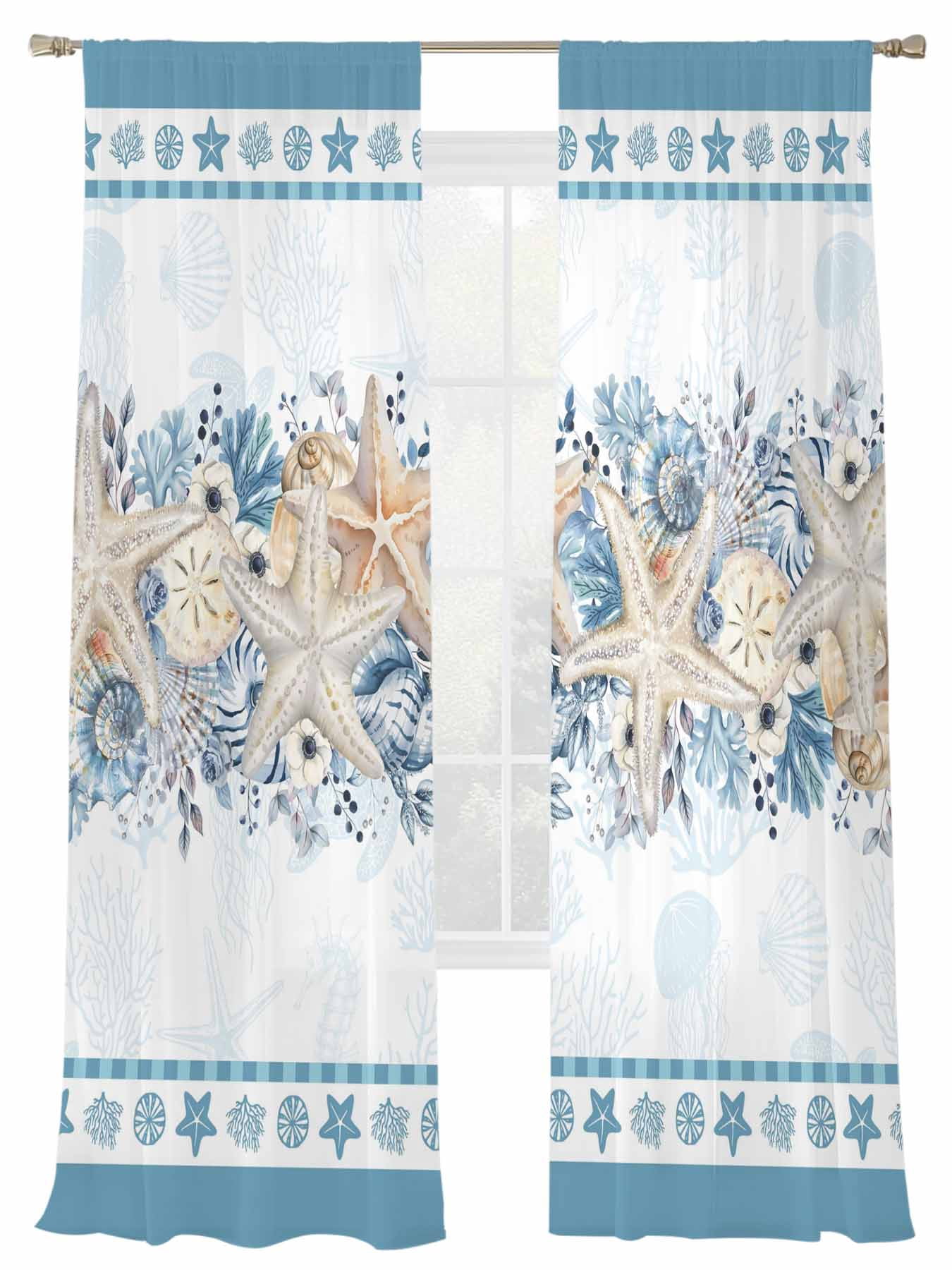 Blue Coastal Sheer Curtains 2 Panels Set Eucalyptus Leaves Starfish ...