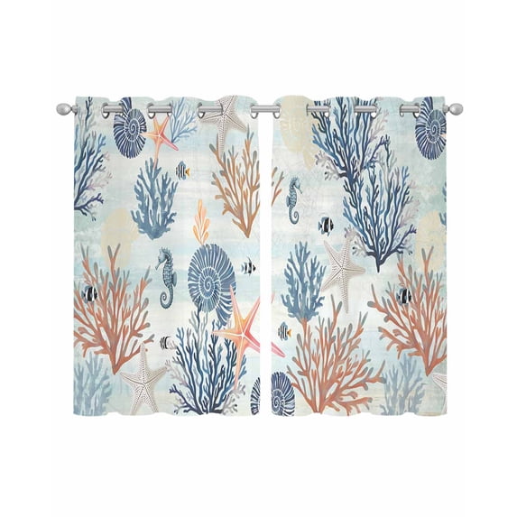 Blue Coastal Sheer Curtains 39 Inch Length 2 Panels Set for Living Room/Bedroom, Summer Beach Coral Shell Starfish Seahorse Kitchen Curtains Grommet Semi-Sheer Curtains Window Treatments 27.5"x39"x2