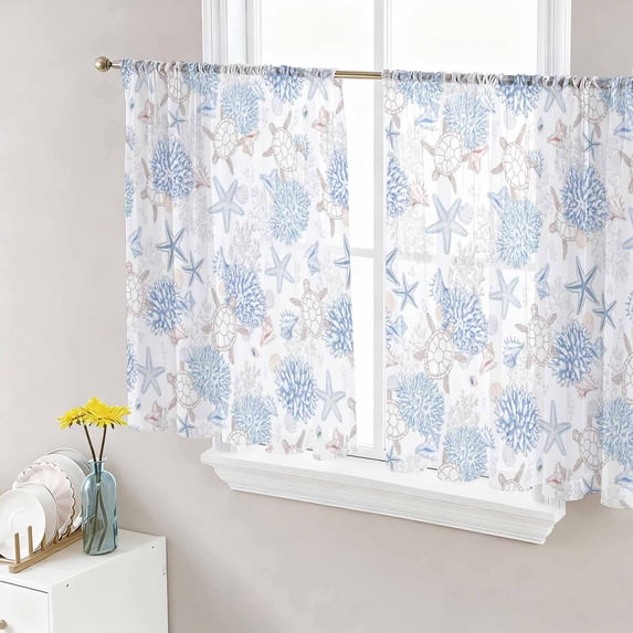 Blue Coastal Sheer Curtains 45 Inch Length 2 Panels Set, Summer Beach Ocean Coral Sea Turtle Starfish Voile Window Treatment Rod Pocket Small Kitchen Curtains Drapes for Bedroom 52"x45"x2