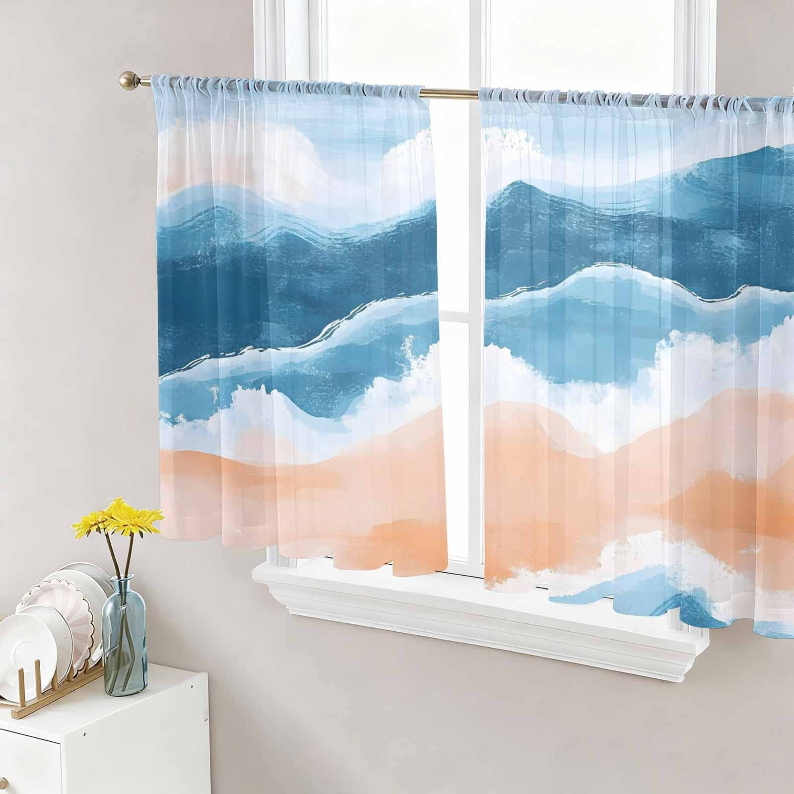 Blue Coastal Sheer Curtains 45 Inch Length 2 Panels Set, Summer Beach ...