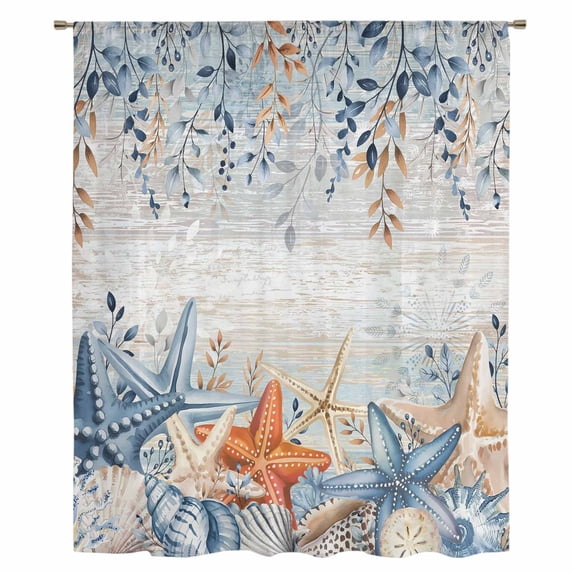 Blue Coastal Sheer Curtains 54" Long, Summer Beach Starfish Weeping Eucalyptus Vintage Light Filering Curtains, Breathable Simi Curtain Privacy Drapes for Kitchen Bathroom Small Window Treatment