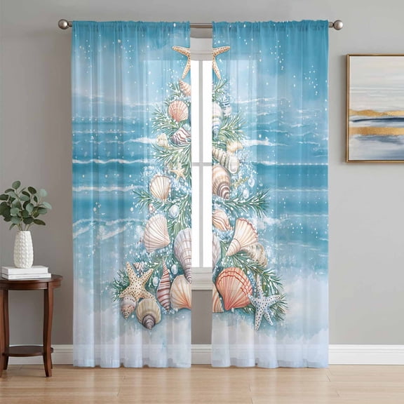 Blue Coastal Sheer Curtains 63 Inch Length 2 Panels Set, Nautical Summer Beach Shell Conch Voile Window Treatment Rod Pocket Curtains Sheers Drapes for Bedroom/Living Room/Kitchen 52x"63"x2
