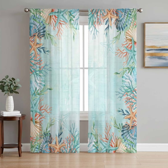 Blue Coastal Sheer Curtains 63 Inch Length 2 Panels Set Window Treatments, Summer Nautical Beach Coral Starfish Rod Pocket Semi Curtains for Living Room/Bedroom/Kitchen Décor, 104"W x 63"L