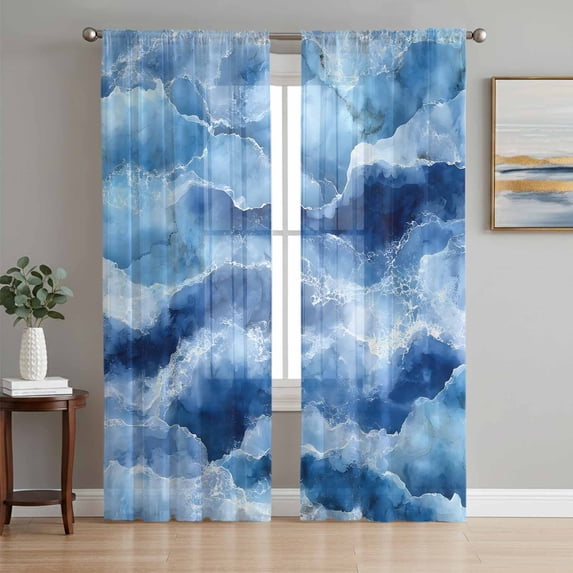 Blue Coastal Sheer Curtains 72 Inch Length 2 Panels Set, Modern Abstract Beach Waves Ocean Voile Window Treatment Rod Pocket Curtains Sheers Drapes for Bedroom/Living Room/Kitchen 52"x72"x2