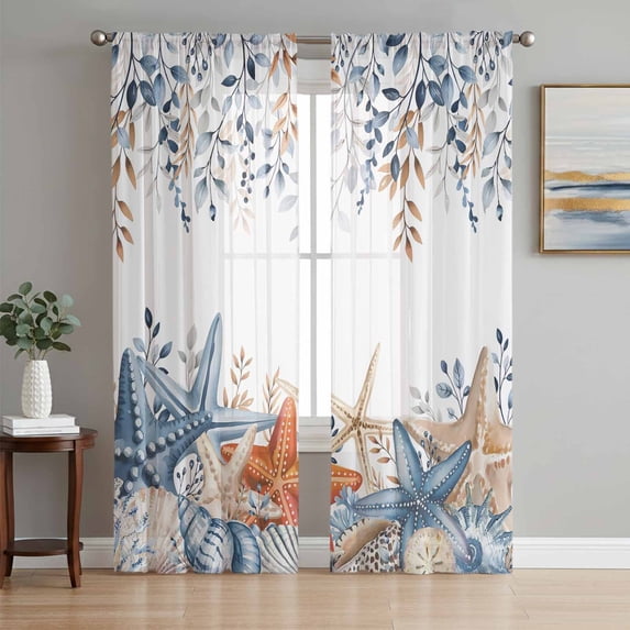 Blue Coastal Sheer Curtains 72 Inch Length 2 Panels Set Window Treatments, Summer Beach Starfish Weeping Eucalyptus Rod Pocket Semi Curtains for Living Room/Bedroom/Kitchen Décor, 104"W x 72"L