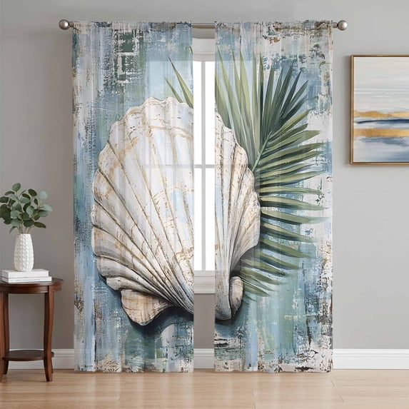 Blue Coastal Sheer Curtains 84 Inch Length 2 Panels Set, Retro Botanical Beach Nautical Shell Voile Window Treatment Rod Pocket Curtains Sheers Drapes for Bedroom/Living Room/Kitchen 52"x84"x2