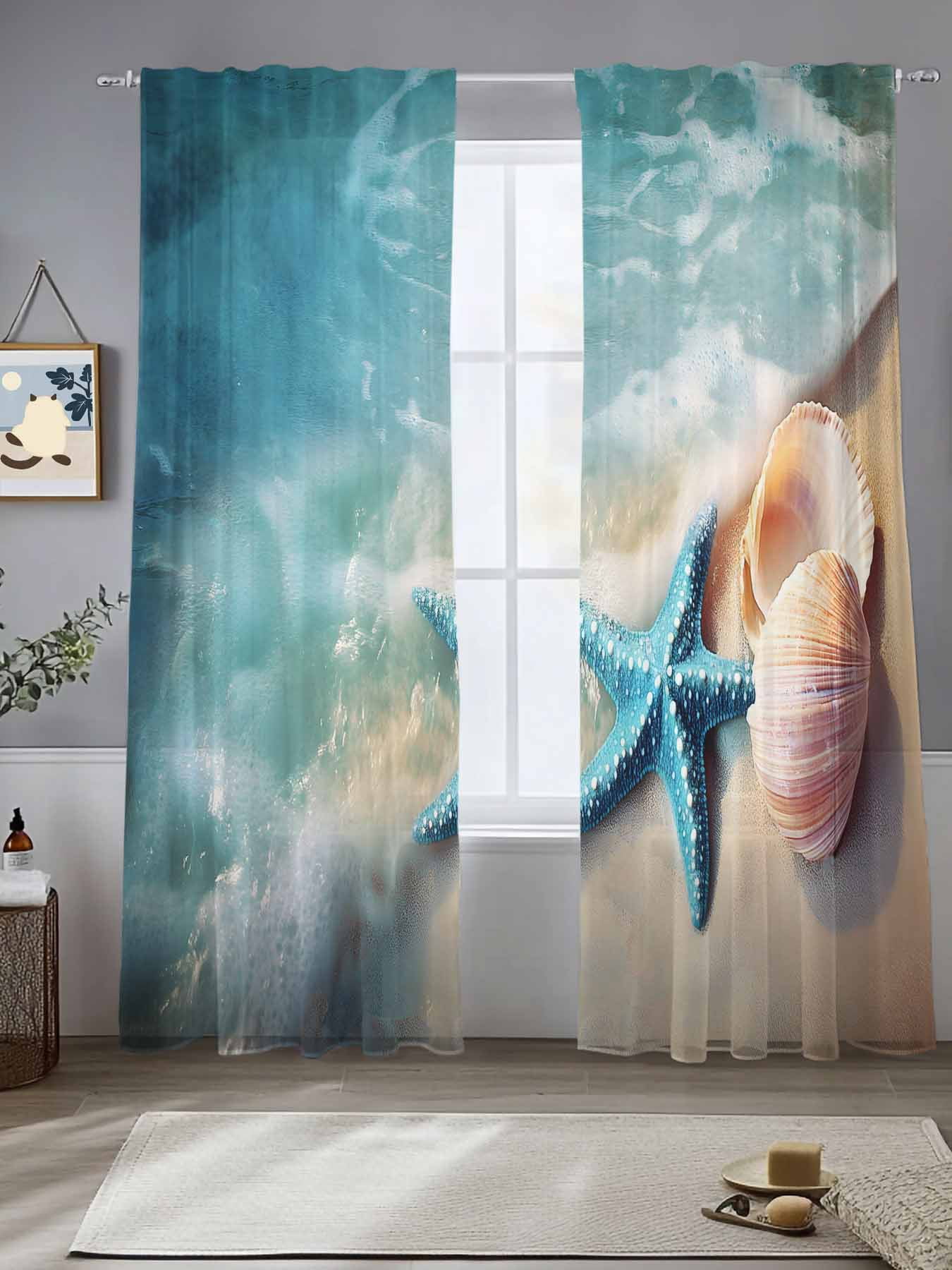 Blue Coastal Sheer Curtains for Living Room Bedroom Summer Nautical