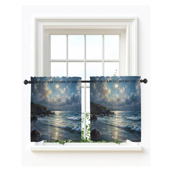 Blue Coastal Sheer Kitchen Tier Curtains 24 Inch Length,Short Curtains for Small Windows Cafe,Beach Ocean Waves Nautical Sky Cloud Landscape Rod Pocket Voile Half Window Treatments 27.5"x24" 2 Panels