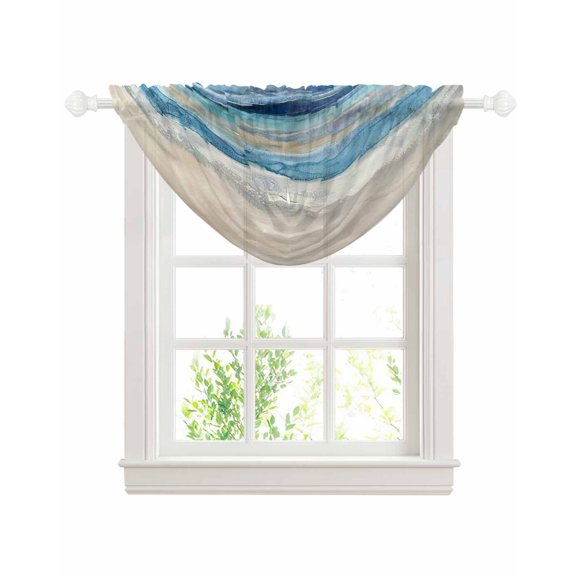 Blue Coastal Sheer Waterfall Valance Curtains for Window, Summer Beach Nautical Abstract Art Rod Pocket Sheer Topper Swag Curtains for Living Room, Kitchen 38.5"W x 47.2"L, 1 Panel