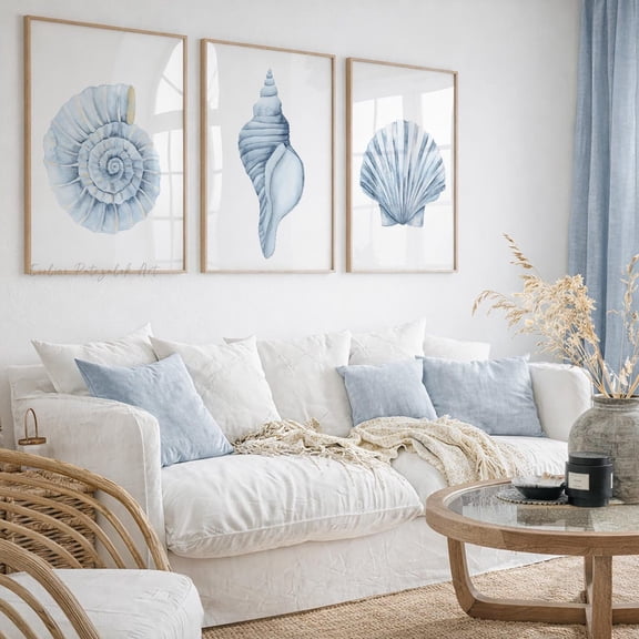 Blue Coastal Shell Ammonite Conch Scallop Beach House Decor, Stretched Canvas